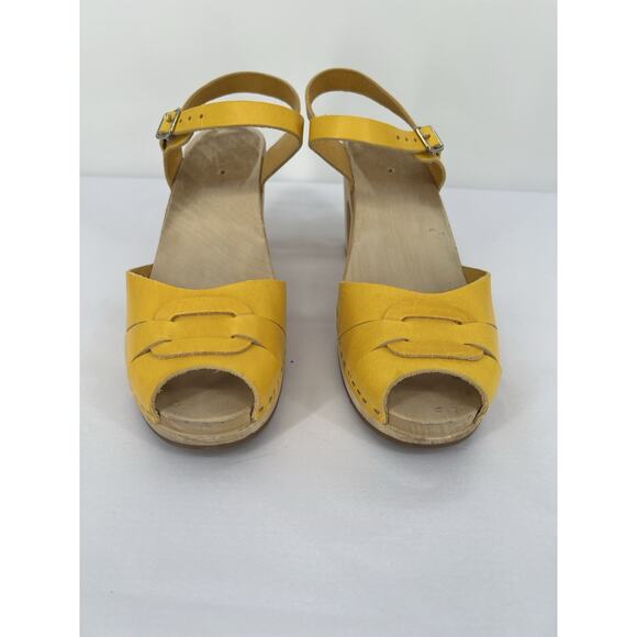 Swedish Hasbeens Yellow Wooden Clog Sandal Peep Toe Size 41 US 11 - Picture 8 of 14
